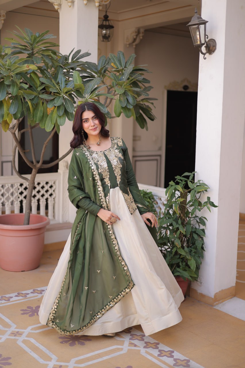 Premium Sequin Green Embroidered Glass Roman Gown with Tabby Silk Dupatta | Festive & Wedding Wear 2026