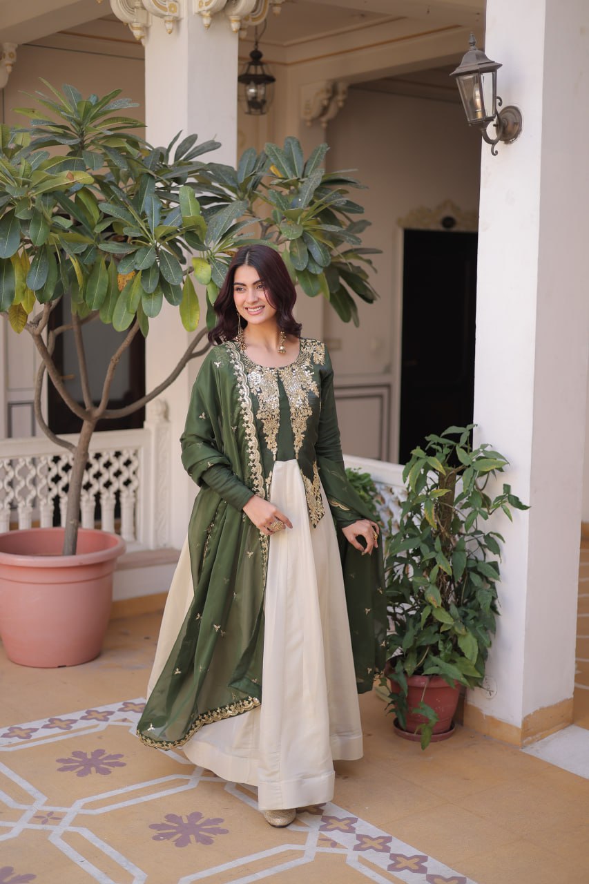 Premium Sequin Green Embroidered Glass Roman Gown with Tabby Silk Dupatta | Festive & Wedding Wear 2026