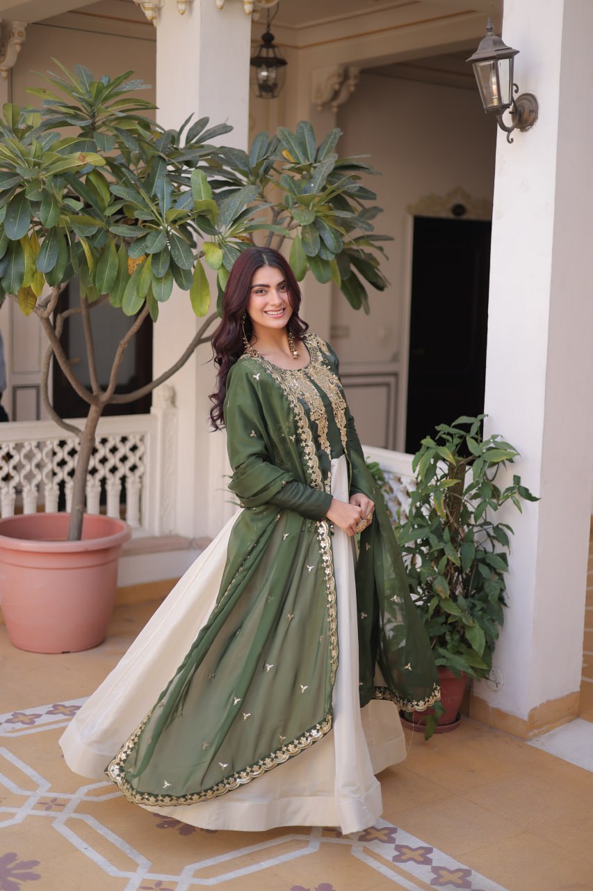 Premium Sequin Green Embroidered Glass Roman Gown with Tabby Silk Dupatta | Festive & Wedding Wear 2026