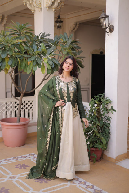 Premium Sequin Green Embroidered Glass Roman Gown with Tabby Silk Dupatta | Festive & Wedding Wear 2026