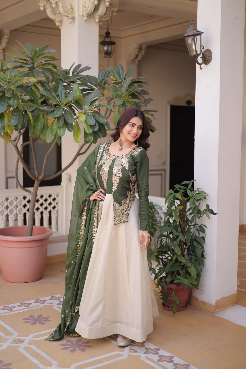 Premium Sequin Green Embroidered Glass Roman Gown with Tabby Silk Dupatta | Festive & Wedding Wear 2026
