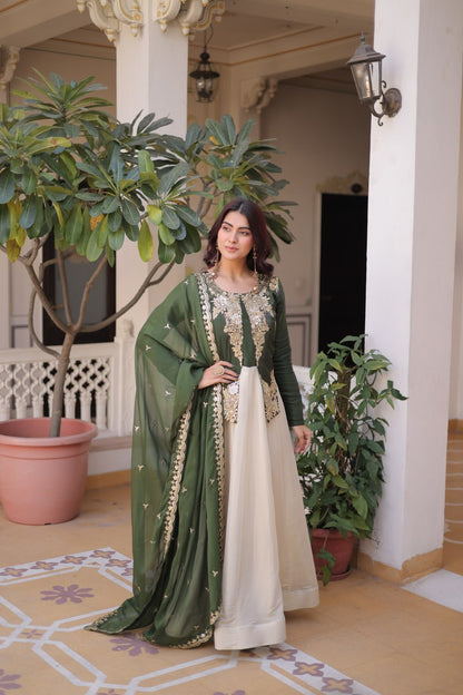 Premium Sequin Green Embroidered Glass Roman Gown with Tabby Silk Dupatta | Festive & Wedding Wear 2026