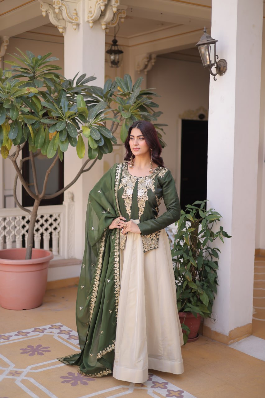 Premium Sequin Green Embroidered Glass Roman Gown with Tabby Silk Dupatta | Festive & Wedding Wear 2026
