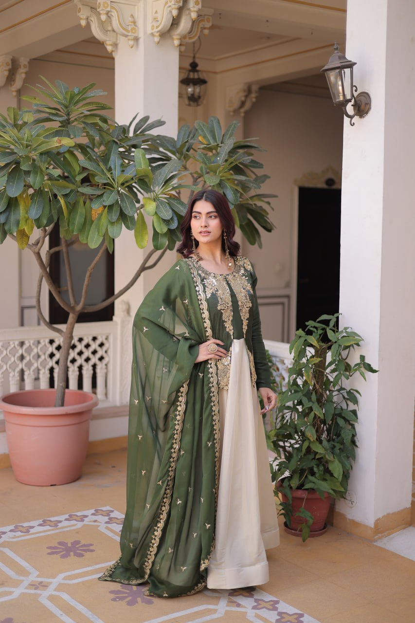 Premium Sequin Green Embroidered Glass Roman Gown with Tabby Silk Dupatta | Festive & Wedding Wear 2026