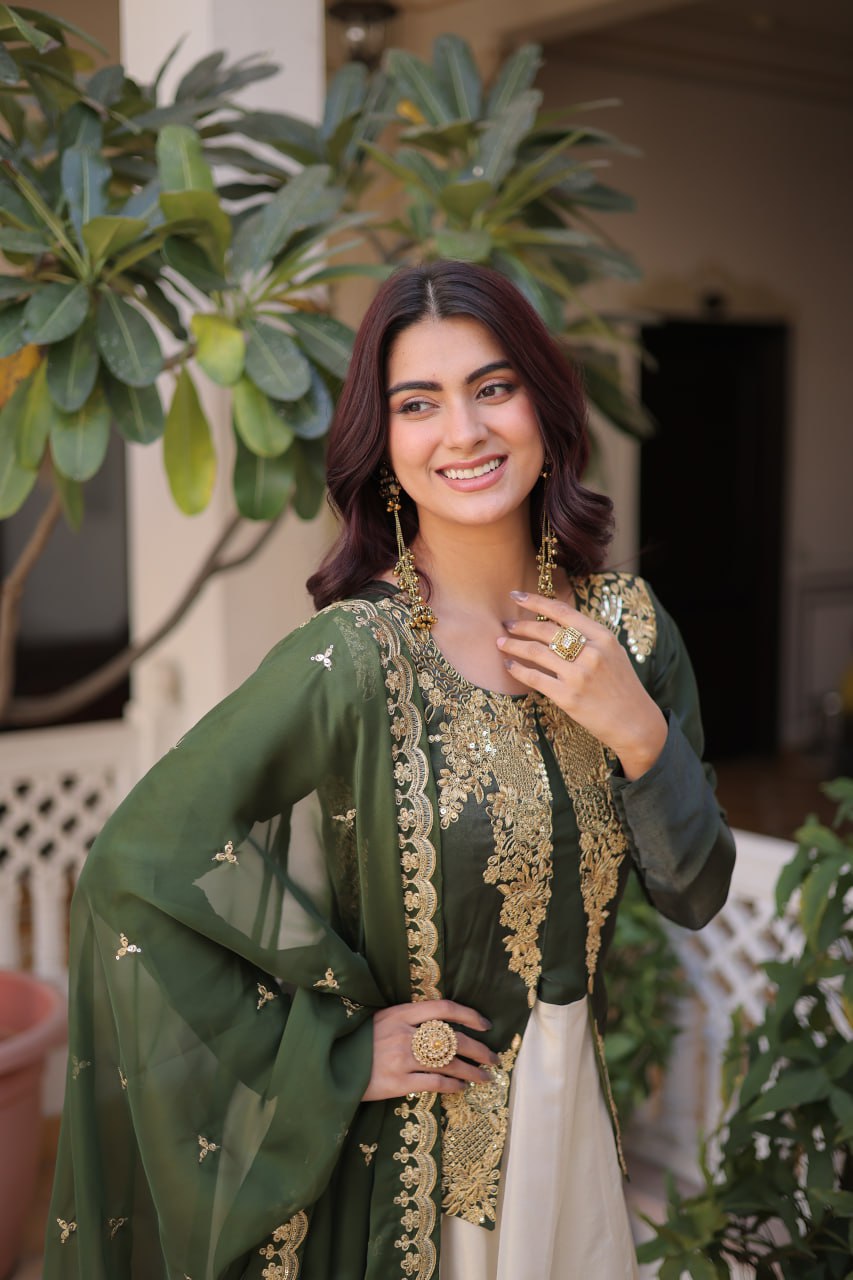 Premium Sequin Green Embroidered Glass Roman Gown with Tabby Silk Dupatta | Festive & Wedding Wear 2026