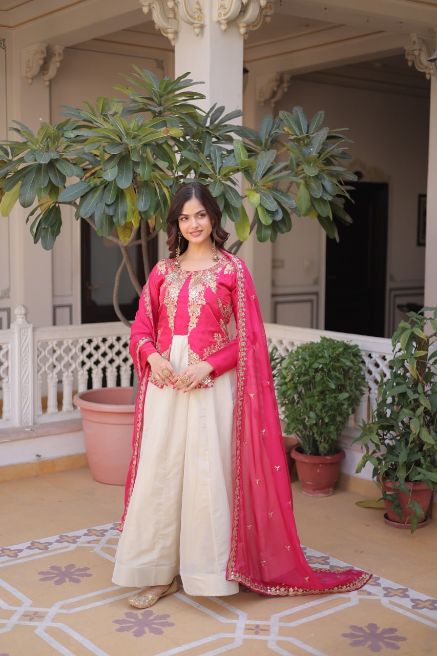 Premium Sequin Pink Embroidered Glass Roman Gown with Tabby Silk Dupatta | Festive & Wedding Wear 2026