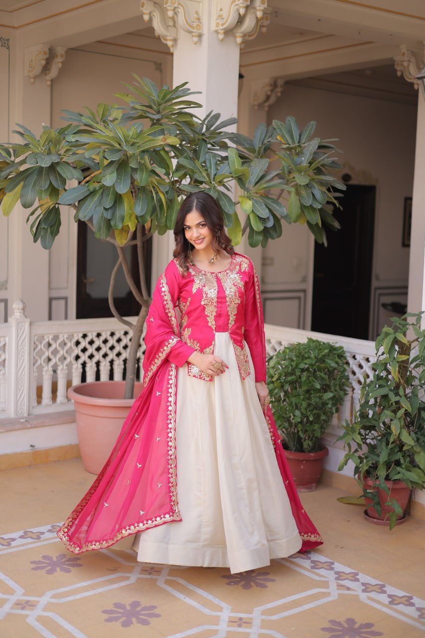 Premium Sequin Pink Embroidered Glass Roman Gown with Tabby Silk Dupatta | Festive & Wedding Wear 2026