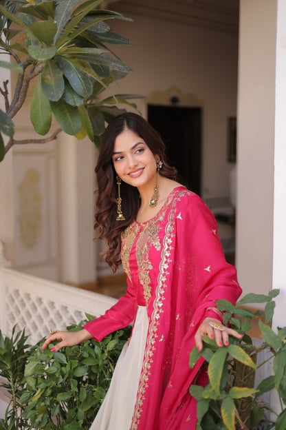 Premium Sequin Pink Embroidered Glass Roman Gown with Tabby Silk Dupatta | Festive & Wedding Wear 2026