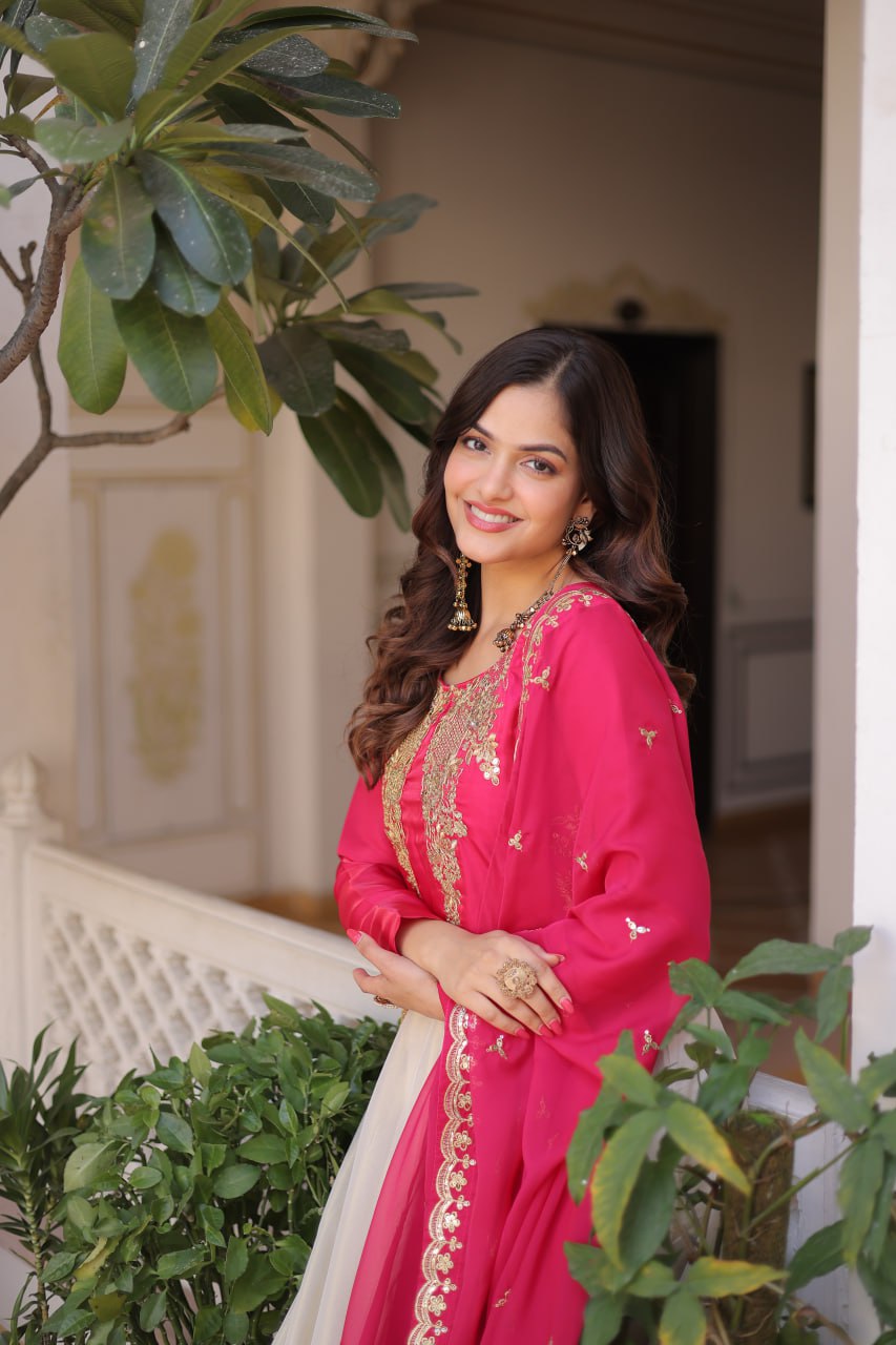 Premium Sequin Pink Embroidered Glass Roman Gown with Tabby Silk Dupatta | Festive & Wedding Wear 2026