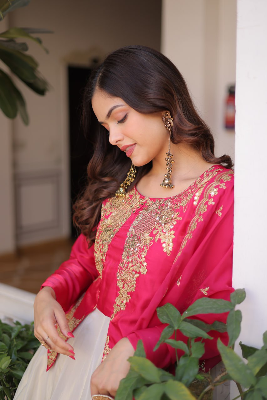 Premium Sequin Pink Embroidered Glass Roman Gown with Tabby Silk Dupatta | Festive & Wedding Wear 2026