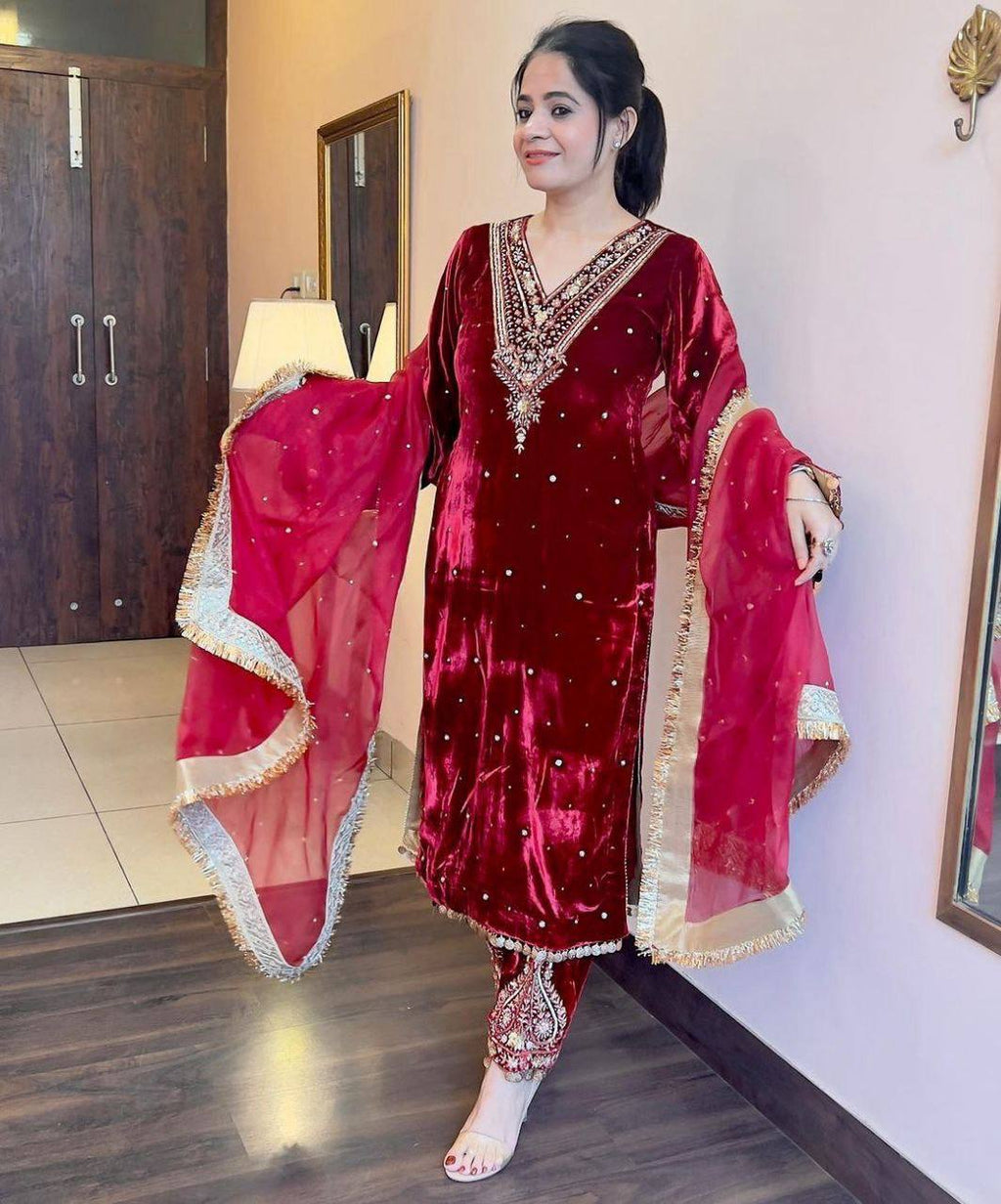 Marron Red Winter special Velvet suit thread with Sequnce rivet Moti and Lace broder