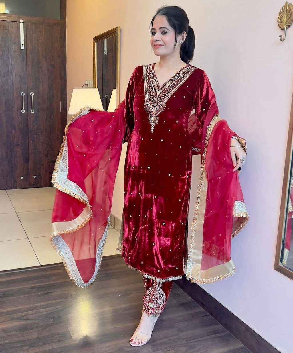 Marron Red Winter special Velvet suit thread with Sequnce rivet Moti and Lace broder