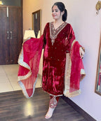 Marron Red Winter special Velvet suit thread with Sequnce rivet Moti and Lace broder