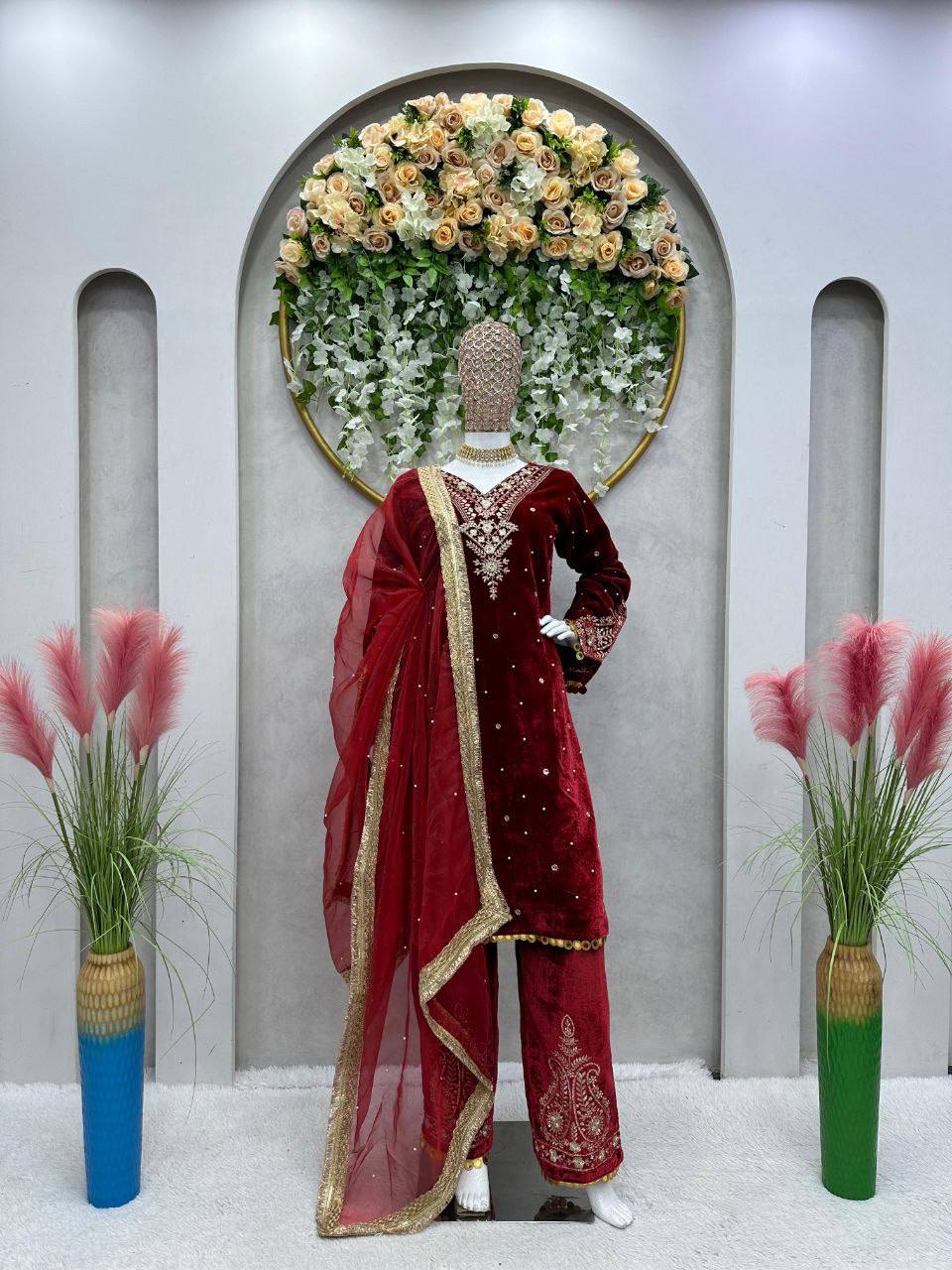 Marron Red Winter special Velvet suit thread with Sequnce rivet Moti and Lace broder