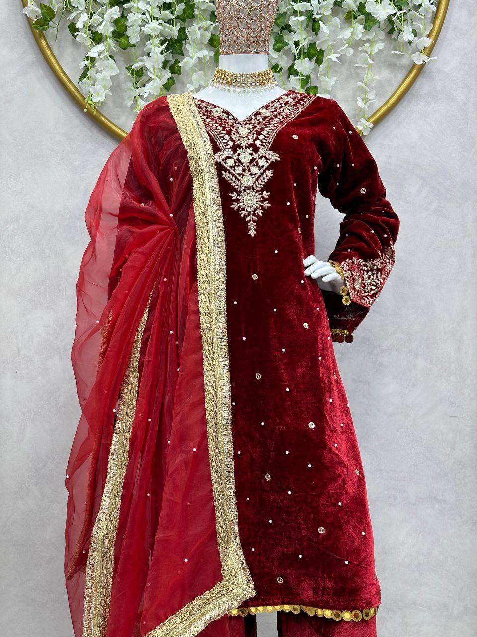 Marron Red Winter special Velvet suit thread with Sequnce rivet Moti and Lace broder