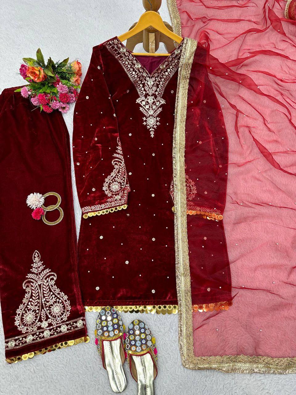 Marron Red Winter special Velvet suit thread with Sequnce rivet Moti and Lace broder