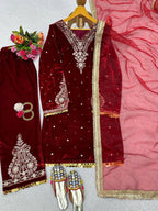 Marron Red Winter special Velvet suit thread with Sequnce rivet Moti and Lace broder