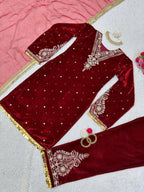 Marron Red Winter special Velvet suit thread with Sequnce rivet Moti and Lace broder