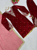 Marron Red Winter special Velvet suit thread with Sequnce rivet Moti and Lace broder