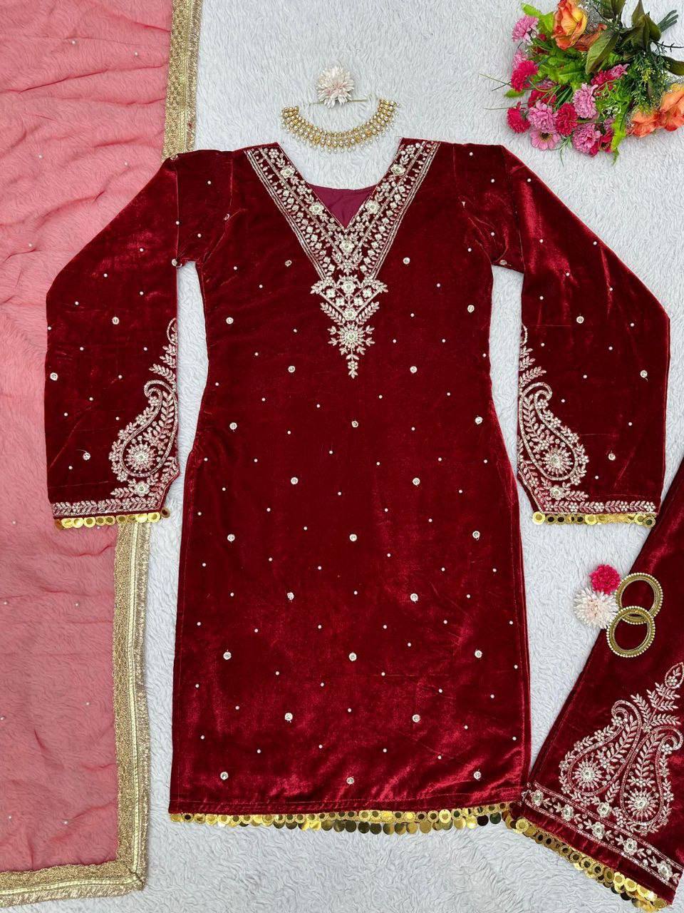 Marron Red Winter special Velvet suit thread with Sequnce rivet Moti and Lace broder