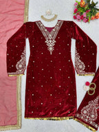 Marron Red Winter special Velvet suit thread with Sequnce rivet Moti and Lace broder