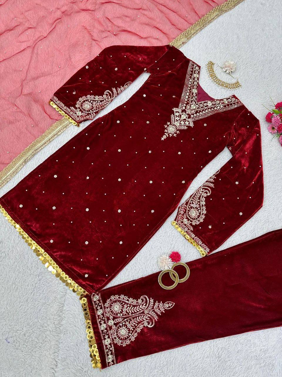 Marron Red Winter special Velvet suit thread with Sequnce rivet Moti and Lace broder