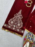 Marron Red Winter special Velvet suit thread with Sequnce rivet Moti and Lace broder