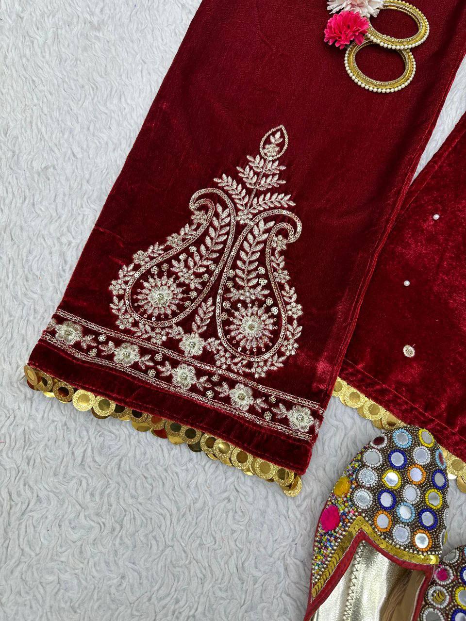 Marron Red Winter special Velvet suit thread with Sequnce rivet Moti and Lace broder