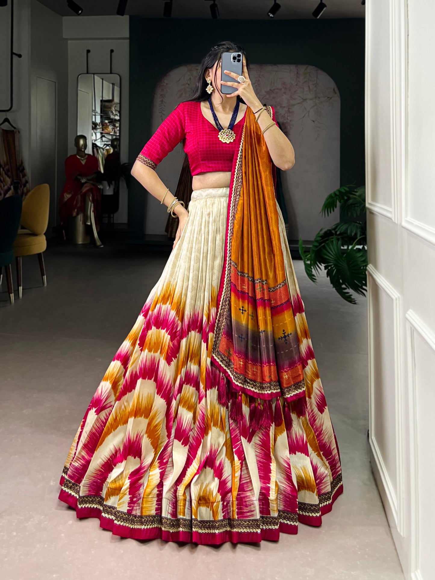 Tasar Silk Luxury: Handcrafted Tie-Dye Lehenga for Royal Occasions(Red)