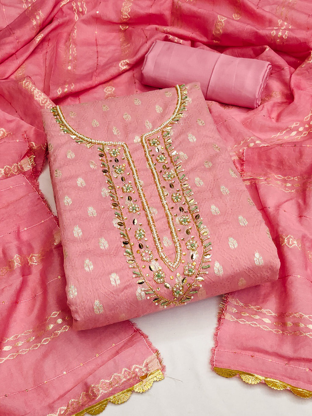 Jacquard with Handwork Dress Material for Women Embroidered Unstitched Woman Salwar Suit Dress Material With Cotton Dupatta