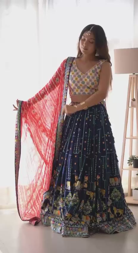 Women’s Multicolor Georgette Lehenga Choli – Vibrant Embroidered Ethnic Wear for Weddings & Festive Occasions Semi-Stitched