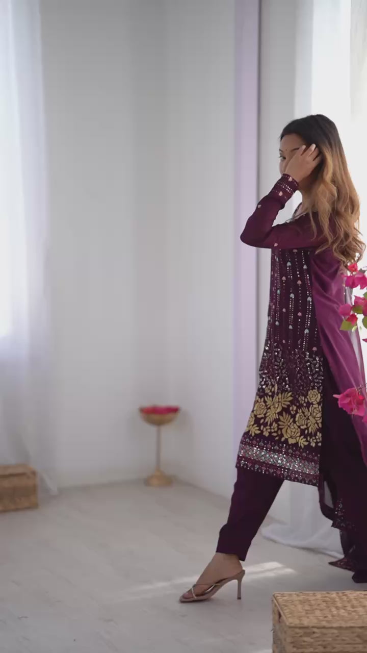 Women’s Wine Georgette Salwar Suit – Elegant Ethnic Wear for Festive & Party Occasions