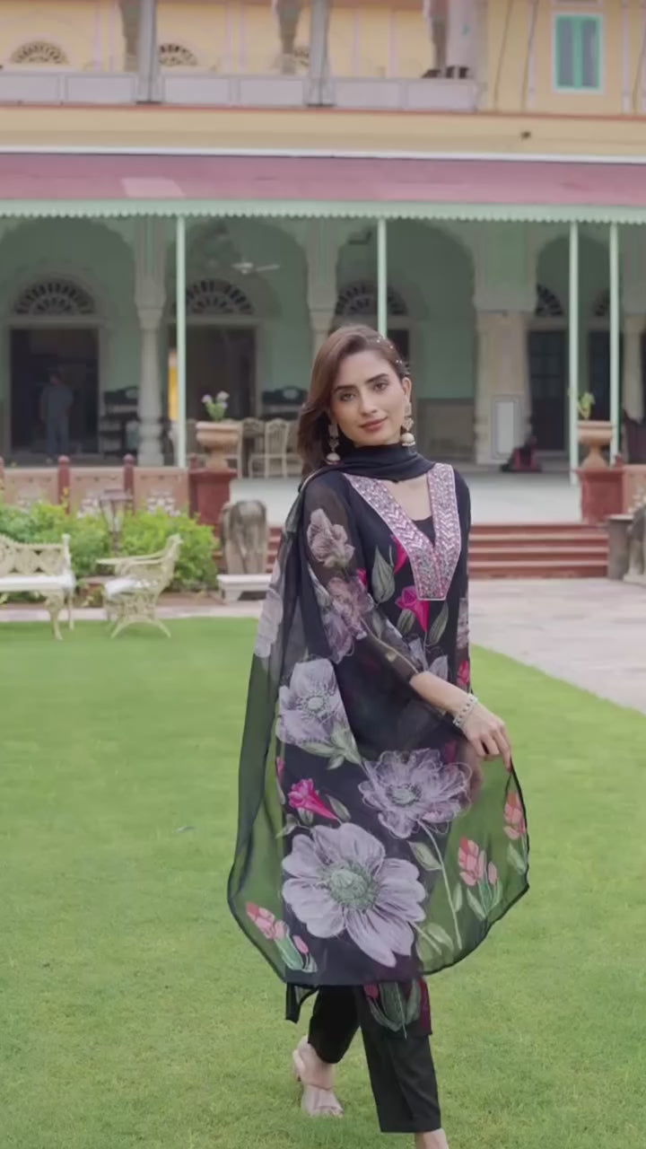 Georgette Black Printed & Embroidered Top with Roman Silk Bottom & Georgette Dupatta