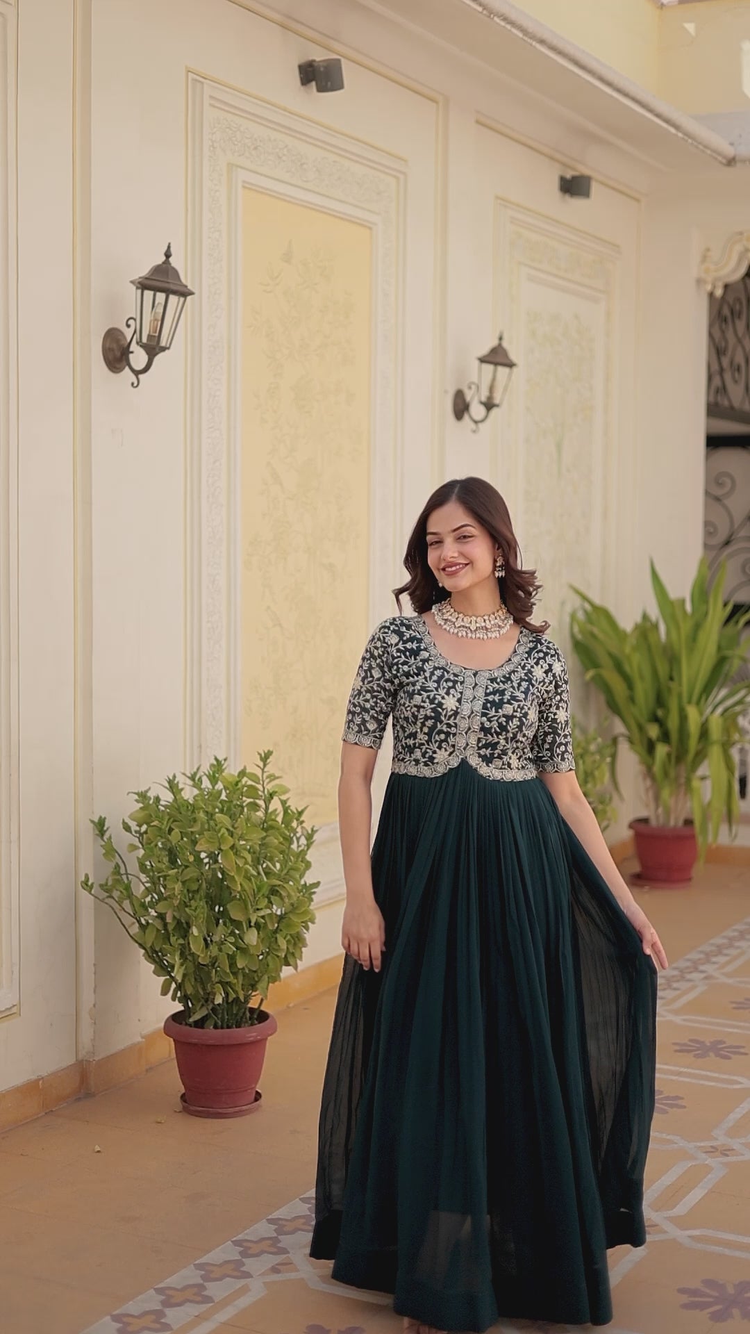 Women’s Yellow Georgette Gown – Elegant Designer Wear with Embroidered Detailing