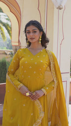 Women’s Yellow Georgette Gown – Elegant Designer Wear with Embroidered Detailing