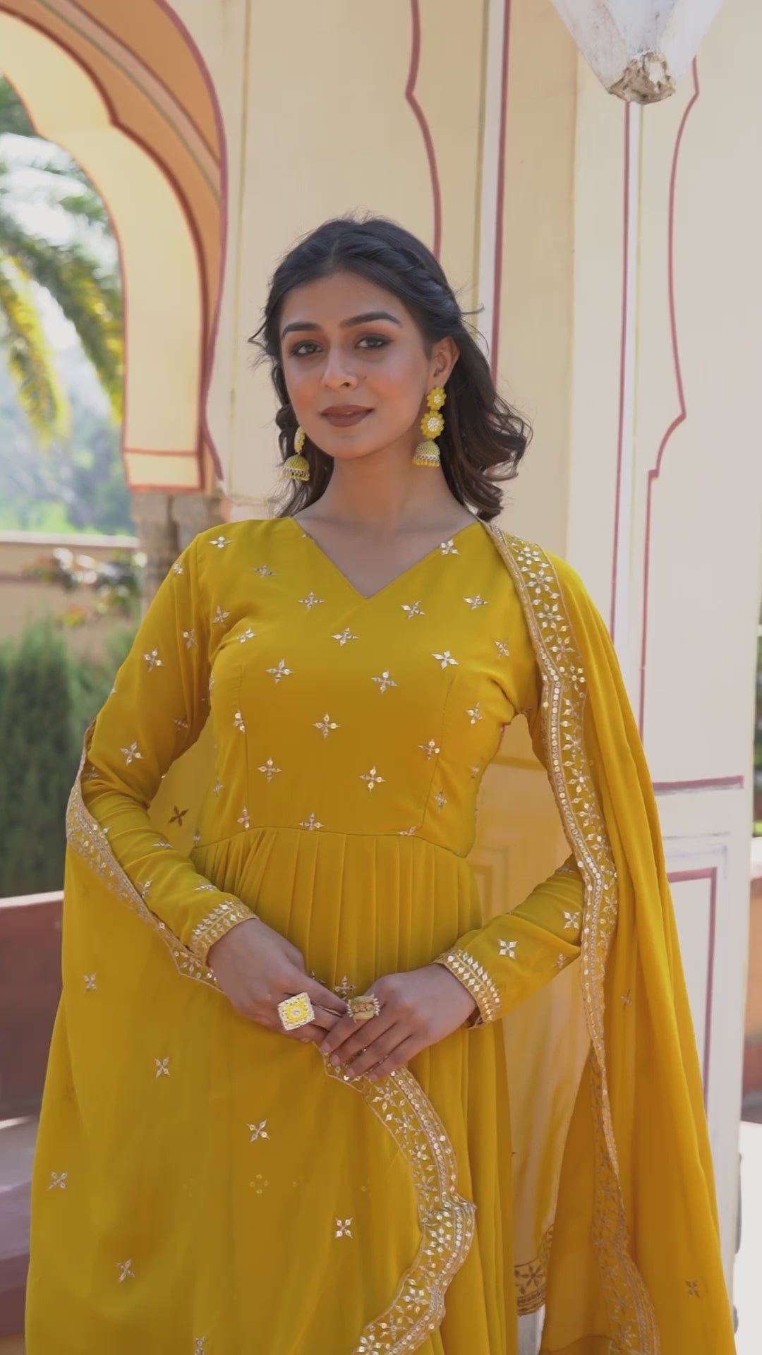 Women’s Yellow Georgette Gown – Elegant Designer Wear with Embroidered Detailing