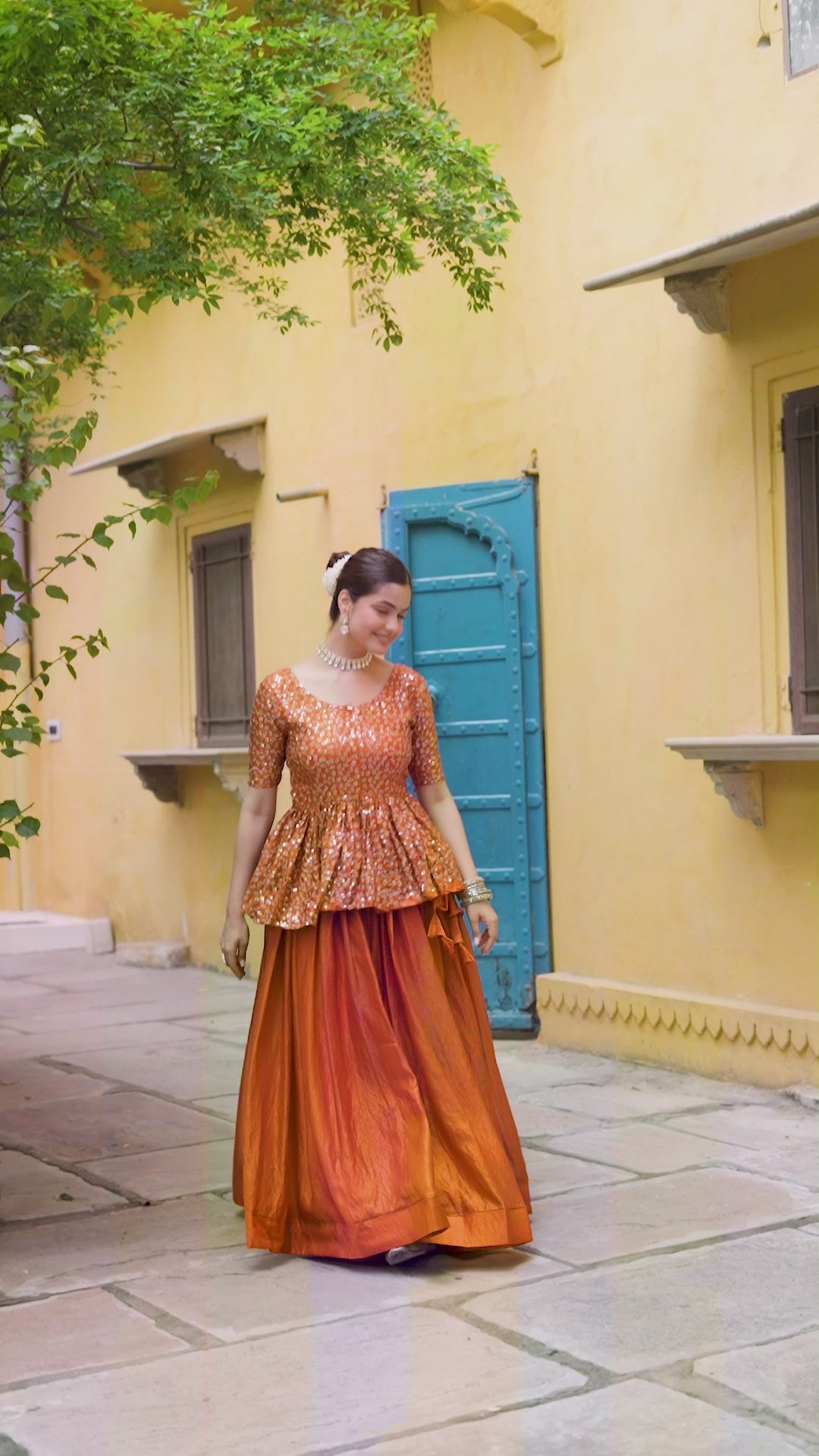Fendy Fabric Sequins Embroidered Blouse with Plain Flared Orange Lehenga – Elegant Partywear Set (Full-Stitched)
