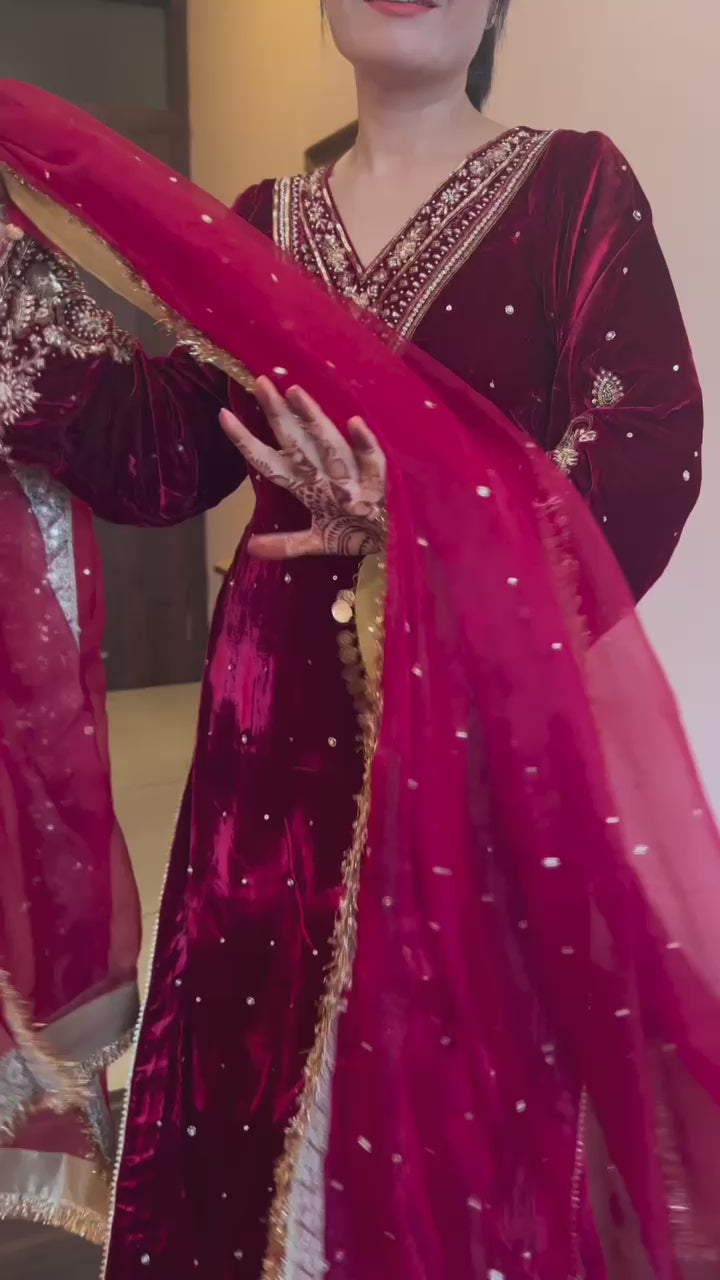 Marron Red Winter special Velvet suit thread with Sequnce rivet Moti and Lace broder