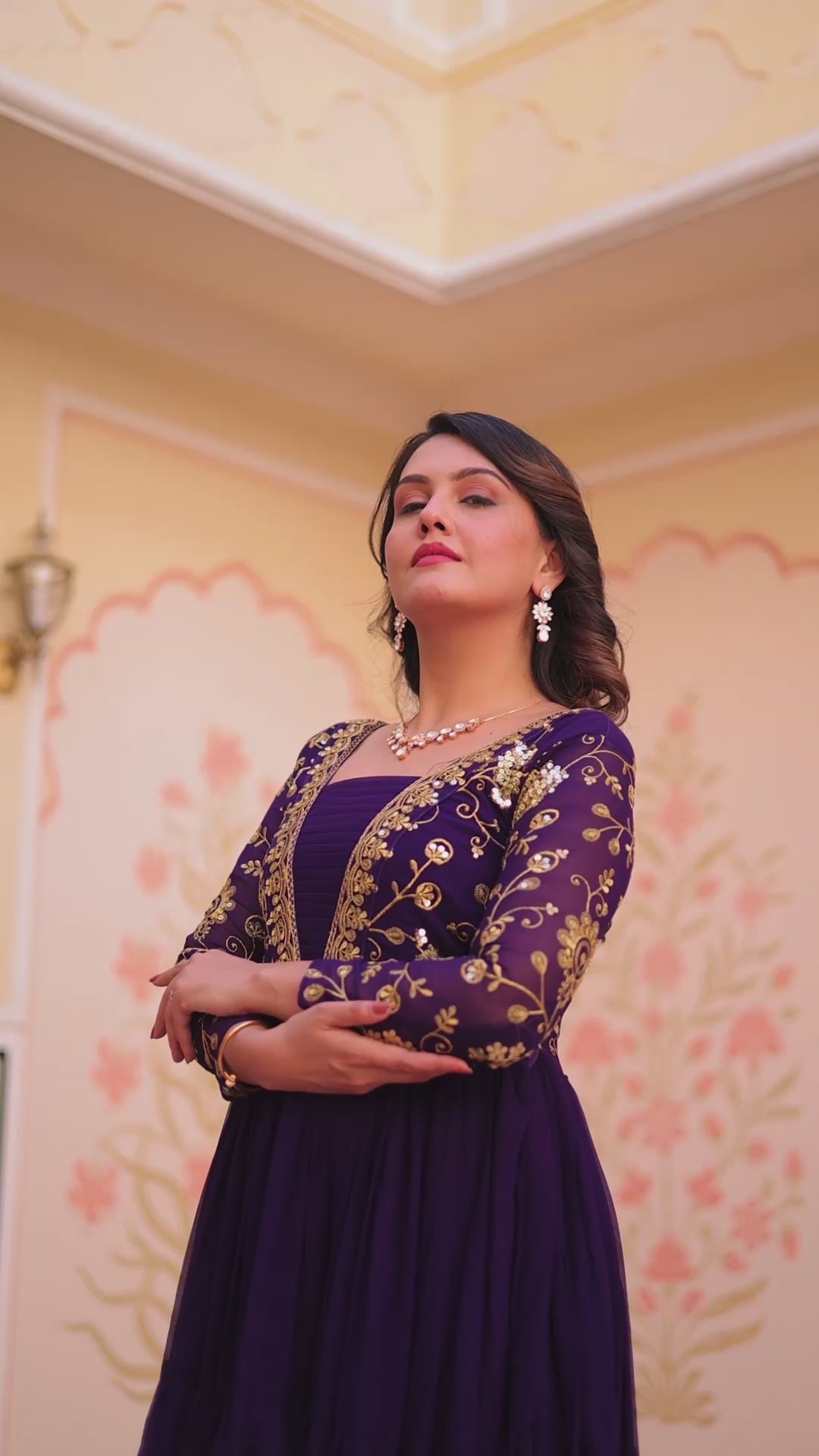 Designer Ranipink Gown in Faux Blooming with Sequins & Zari Embroidery – Full Flair & Fancy V Neck