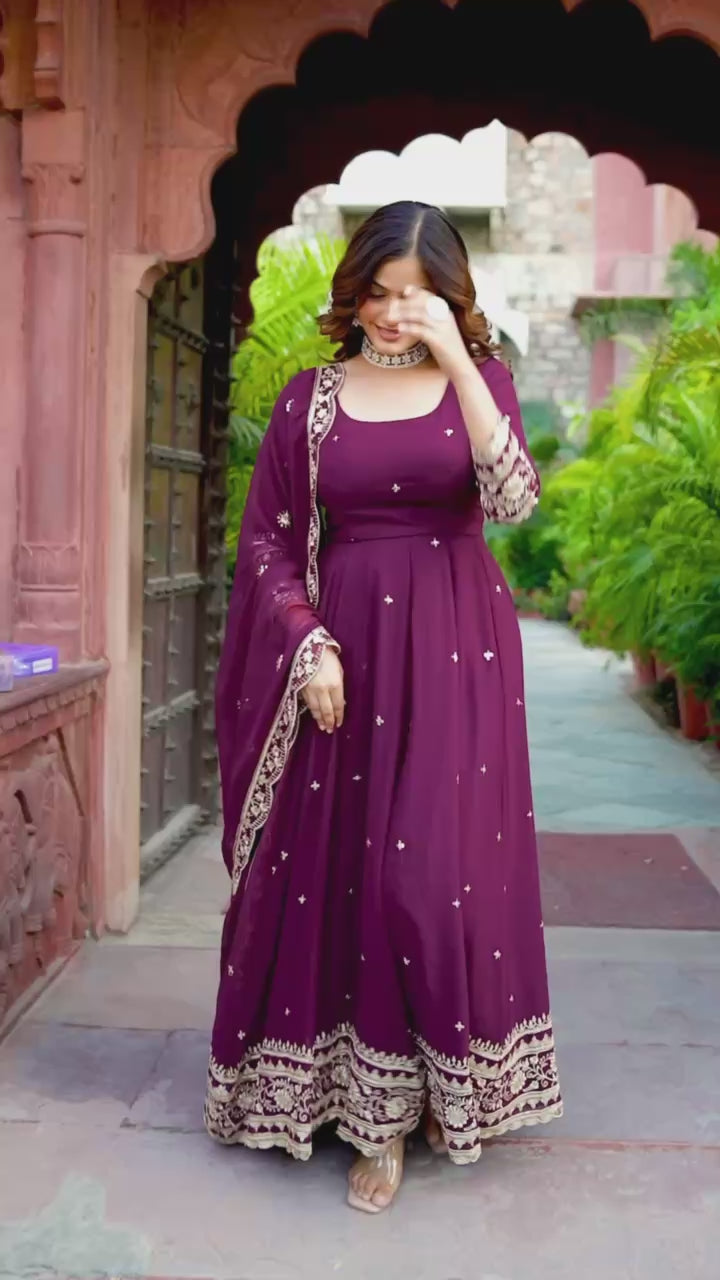 Faux Wine Georgette Gown – Elegant Party Wear for Women