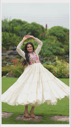 Off White Kora Cotton Saree with Multi-Thread Embroidery & Gota Patti Work – Traditional Ethnic Wear (User can adjust From 38" to 44" for your body comfort)