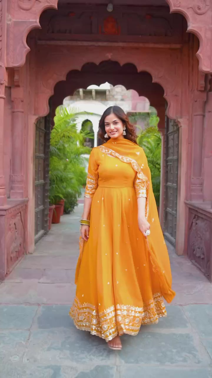 Faux Yellow Georgette Gown – Elegant Party Wear for Women
