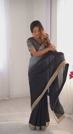 Black & Grey Ombre Silk Saree with Gold Embroidered Readymade Blouse - Wedding & Party Wear