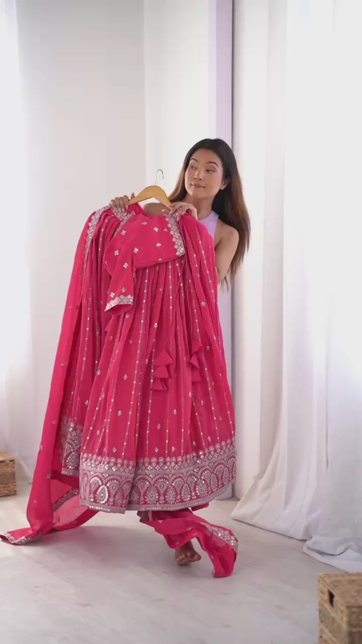 Rani Pink Semi-Stitched Silk Lehenga Choli Set – Embellished with Thread & Sequin Work