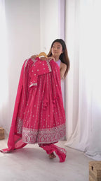 Rani Pink Semi-Stitched Silk Lehenga Choli Set – Embellished with Thread & Sequin Work