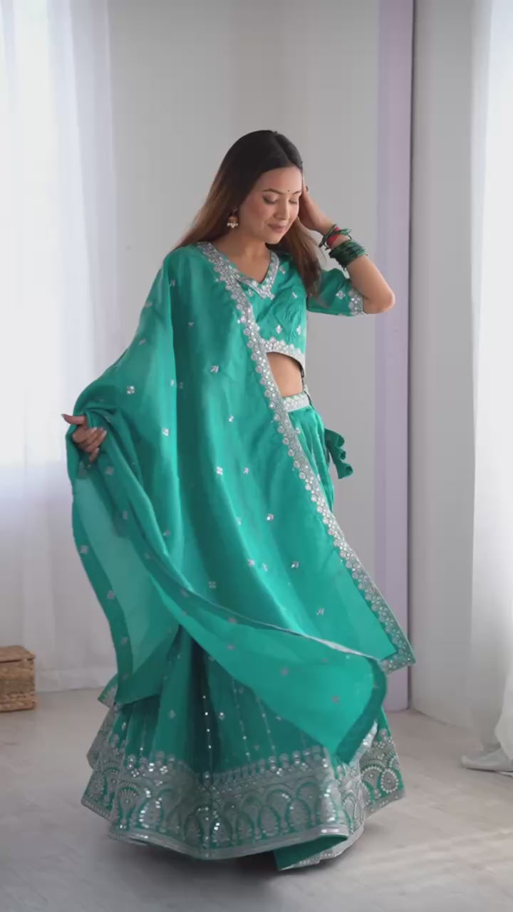 Teal Semi-Stitched Silk Lehenga Choli Set – Embellished with Thread & Sequin Work