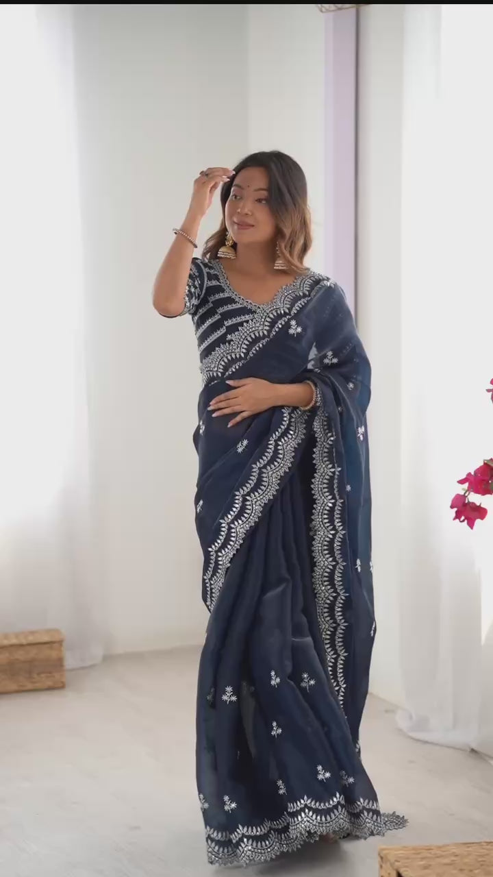 Navy Blue Georgette Saree with White Embroidery and Scalloped Borders