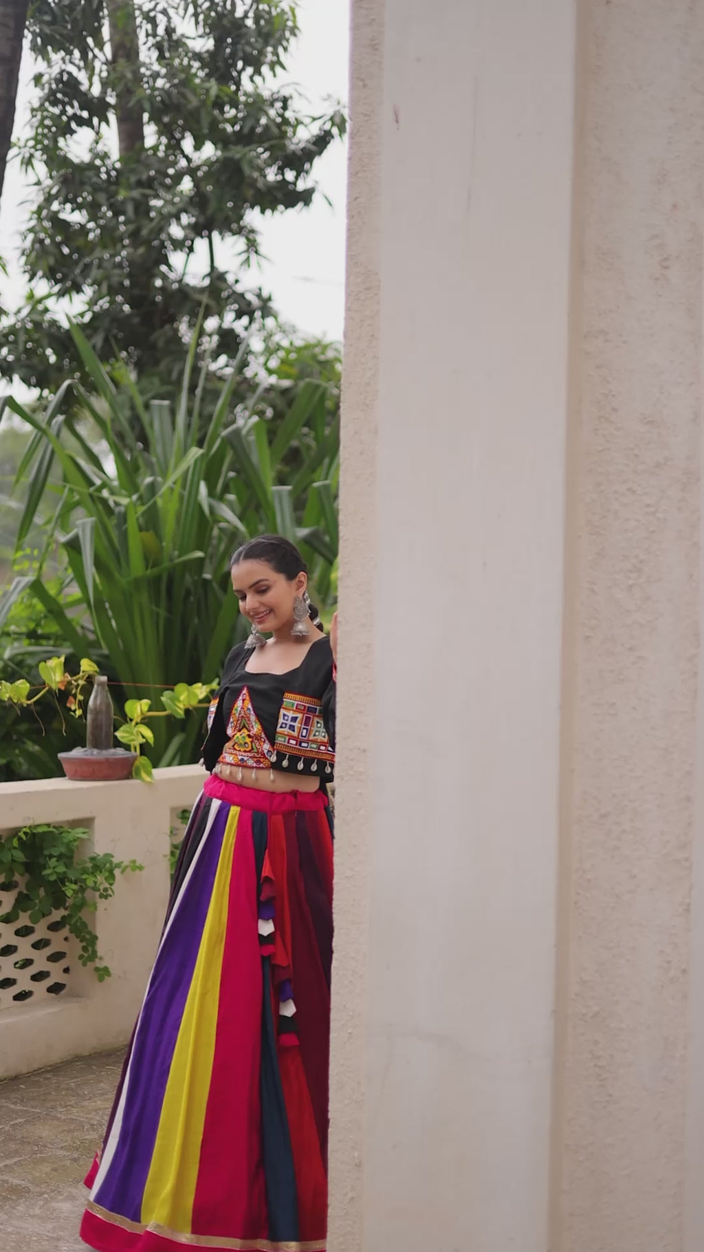 Roman Fabric Koti Style Lehenga Choli Set with 27 Kali Flair, Gamthi Embroidery & Mirror Work (Full-Stitched)