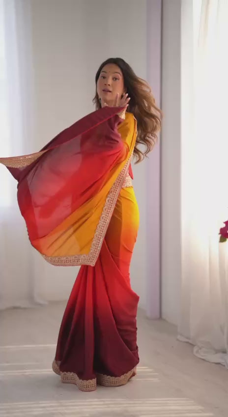 Orange & Maroon Ombre Silk Saree with Gold Embroidered Readymade Blouse - Wedding & Party Wear