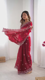 Deep Red Georgette Saree with White Embroidery and Scalloped Borders